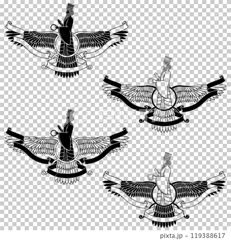 Zoroastrian winged solar disk with ribbon Zoroastrian winged solar disk with ribbon 119388617