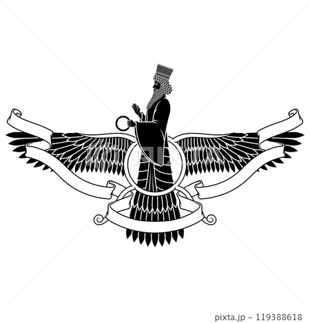 Zoroastrian winged solar disk with ribbon Zoroastrian winged solar disk with ribbon 119388618