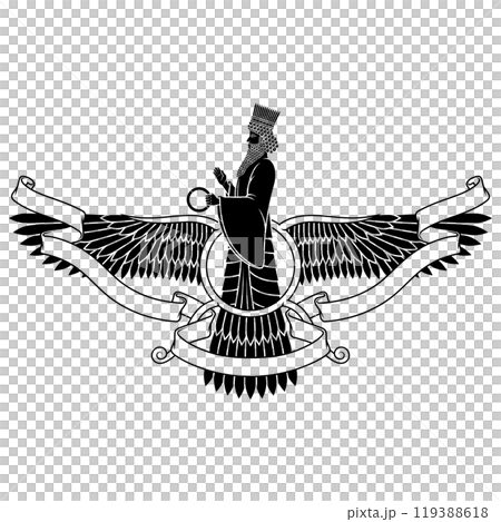 Zoroastrian winged solar disk with ribbon Zoroastrian winged solar disk with ribbon 119388618