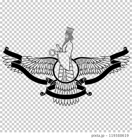 Zoroastrian winged solar disk with ribbon 119388619