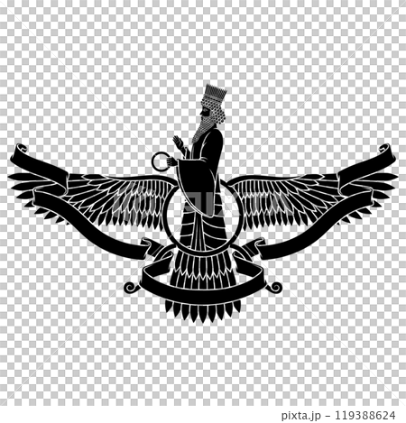 Zoroastrian winged solar disk with ribbon Zoroastrian winged solar disk with ribbon 119388624