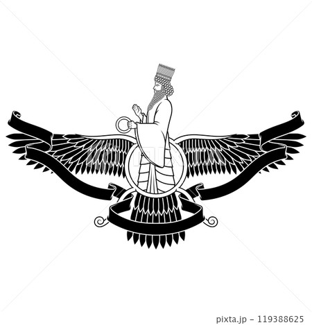 Zoroastrian winged solar disk with ribbon 119388625