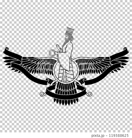 Zoroastrian winged solar disk with ribbon Zoroastrian winged solar disk with ribbon 119388625