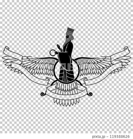 Zoroastrian winged solar disk with ribbon 119388626