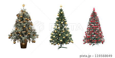 Christmas tree with decorations, isolated on white background, 3D illustration, cg render Christmas tree with decorations, isolated on white background, 3D illustration, cg render 119388649