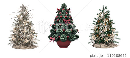 Christmas tree with decorations, isolated on white background, 3D illustration, cg render Christmas tree with decorations, isolated on white background, 3D illustration, cg render 119388653
