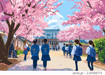 桜並木を歩く学生達 119388773