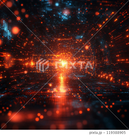 Glowing digital tunnel with orange and blue particles Glowing digital tunnel with orange and blue particles 119388905