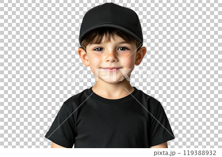 Boy in black t-shirt on transparent background. AI-generated item. 119388932