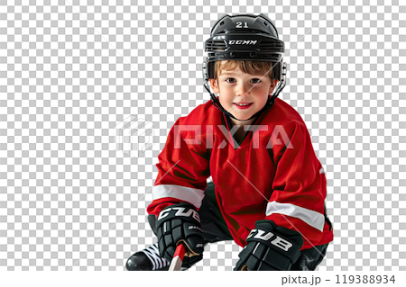 Hockey player boy on transparent background. AI-generated item. 119388934