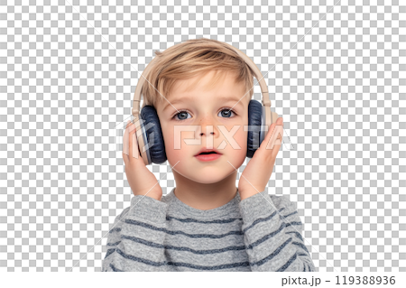 AI-generated item. Cute little boy wearing headphones on a transparent background. AI-generated item. Cute little boy wearing headphones on a transparent background. 119388936