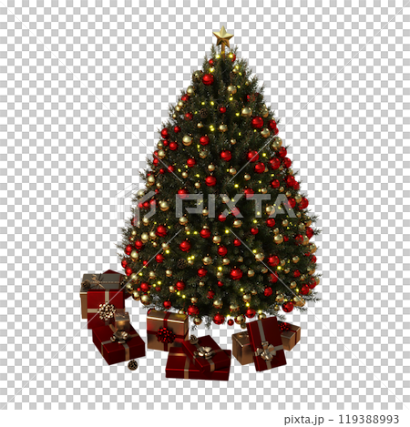 Christmas tree with decorations, isolate on a transparent background, 3d illustration, cg render Christmas tree with decorations, isolate on a transparent background, 3d illustration, cg render 119388993