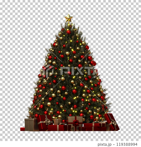 Christmas tree with decorations, isolate on a transparent background, 3d illustration, cg render 119388994