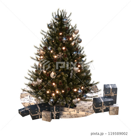 Christmas tree with decorations, isolate on a transparent background, 3d illustration, cg render Christmas tree with decorations, isolate on a transparent background, 3d illustration, cg render 119389002
