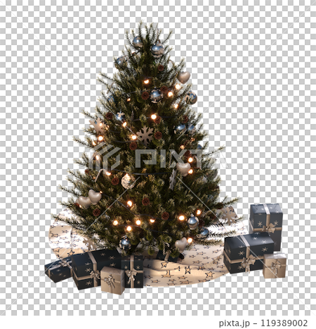 Christmas tree with decorations, isolate on a transparent background, 3d illustration, cg render Christmas tree with decorations, isolate on a transparent background, 3d illustration, cg render 119389002