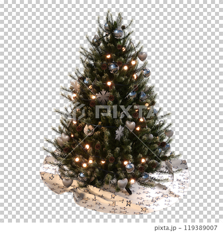 Christmas tree with decorations, isolate on a transparent background, 3d illustration, cg render Christmas tree with decorations, isolate on a transparent background, 3d illustration, cg render 119389007