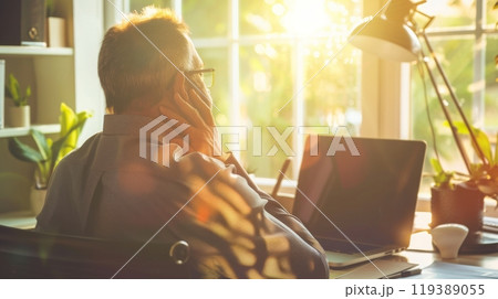 Man working at home office with sunlight Man working at home office with sunlight 119389055