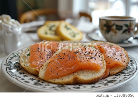 Smoked salmon bagels with cream cheese and poppy seeds 119389056