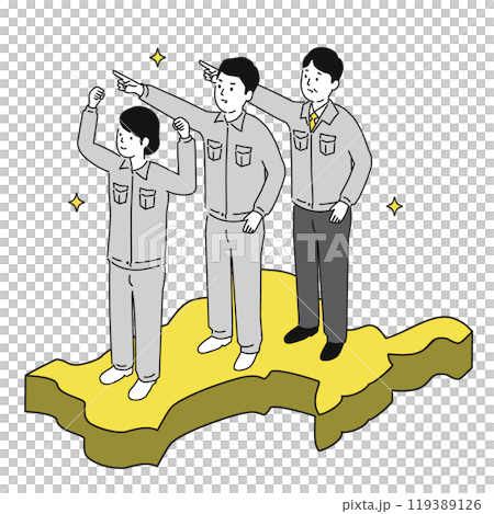 宮城県で働くイメージイラスト、笑顔の作業服の男女 119389126