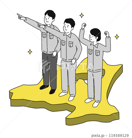 青森県で働くイメージイラスト、笑顔の作業服の男女 青森県で働くイメージイラスト、笑顔の作業服の男女 119389129