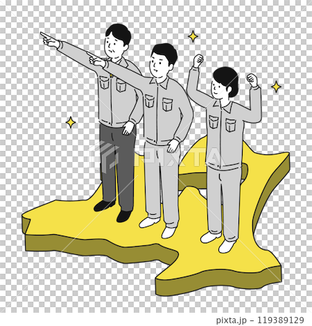 青森県で働くイメージイラスト、笑顔の作業服の男女 青森県で働くイメージイラスト、笑顔の作業服の男女 119389129