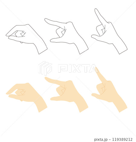 親指と人差し指の先を閉じたり広げたりする手のイラストのカラーと線画