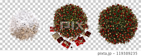 Christmas tree with decorations, set of New Year's trees, isolate on a transparent background, 3d illustration, cg render 119389235