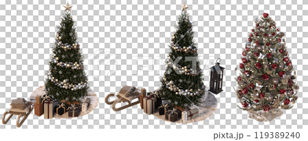 Christmas tree with decorations, set of New Year's trees, isolate on a transparent background, 3d illustration, cg render 119389240
