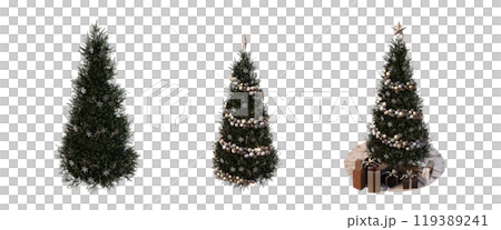 Christmas tree with decorations, set of New Year's trees, isolate on a transparent background, 3d illustration, cg render 119389241