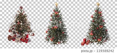 Christmas tree with decorations, set of New Year's trees, isolate on a transparent background, 3d illustration, cg render 119389242