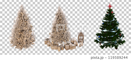 Christmas tree with decorations, set of New Year's trees, isolate on a transparent background, 3d illustration, cg render 119389244
