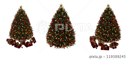 Christmas tree with decorations, set of New Year's trees, isolate on a transparent background, 3d illustration, cg render 119389245