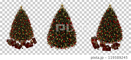 Christmas tree with decorations, set of New Year's trees, isolate on a transparent background, 3d illustration, cg render 119389245
