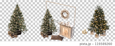 Christmas tree with decorations, set of New Year's trees, isolate on a transparent background, 3d illustration, cg render Christmas tree with decorations, set of New Year's trees, isolate on a transparent background, 3d illustration, cg render 119389260