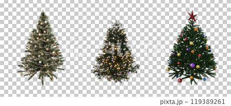 Christmas tree with decorations, set of New Year's trees, isolate on a transparent background, 3d illustration, cg render 119389261