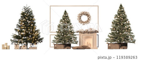 Christmas tree with decorations, set of New Year's trees, isolate on a transparent background, 3d illustration, cg render 119389263