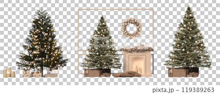 Christmas tree with decorations, set of New Year's trees, isolate on a transparent background, 3d illustration, cg render 119389263