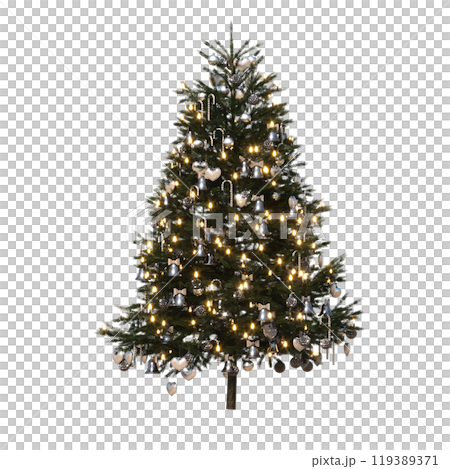 Christmas tree with decorations, isolated on white background, 3D illustration, cg render Christmas tree with decorations, isolated on white background, 3D illustration, cg render 119389371