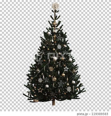 Christmas tree with decorations, isolated on white background, 3D illustration, cg render Christmas tree with decorations, isolated on white background, 3D illustration, cg render 119389383
