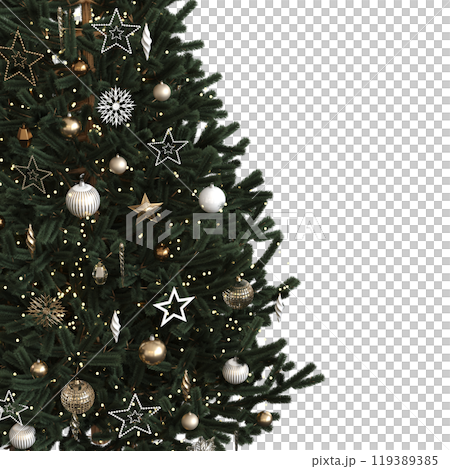 Christmas tree with decorations, isolated on white background, 3D illustration, cg render 119389385
