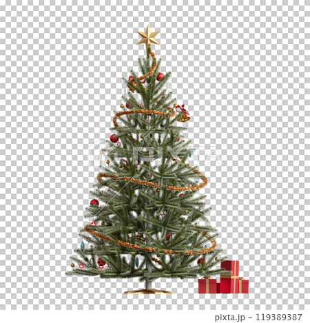 Christmas tree with decorations, isolated on white background, 3D illustration, cg render 119389387