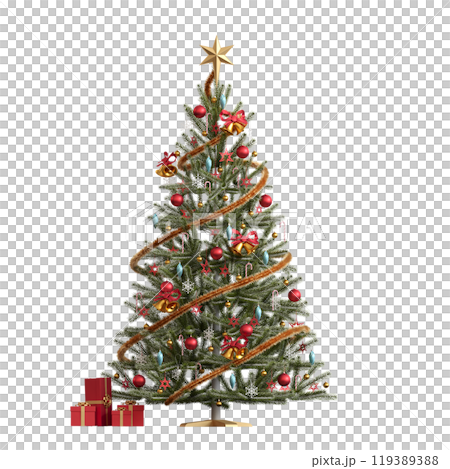 Christmas tree with decorations, isolated on white background, 3D illustration, cg render Christmas tree with decorations, isolated on white background, 3D illustration, cg render 119389388