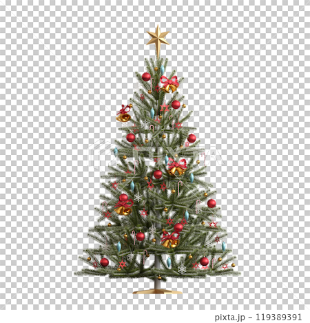 Christmas tree with decorations, isolated on white background, 3D illustration, cg render 119389391
