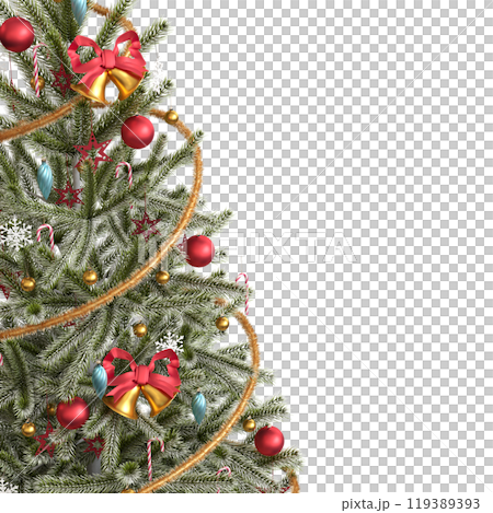 Christmas tree with decorations, isolated on white background, 3D illustration, cg render Christmas tree with decorations, isolated on white background, 3D illustration, cg render 119389393
