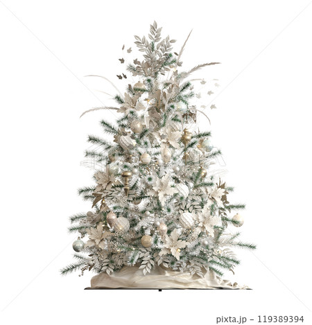 Christmas tree with decorations, isolated on white background, 3D illustration, cg render 119389394