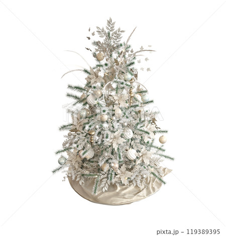 Christmas tree with decorations, isolated on white background, 3D illustration, cg render Christmas tree with decorations, isolated on white background, 3D illustration, cg render 119389395