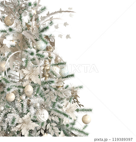 Christmas tree with decorations, isolated on white background, 3D illustration, cg render Christmas tree with decorations, isolated on white background, 3D illustration, cg render 119389397
