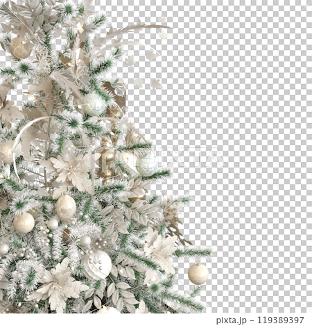 Christmas tree with decorations, isolated on white background, 3D illustration, cg render Christmas tree with decorations, isolated on white background, 3D illustration, cg render 119389397
