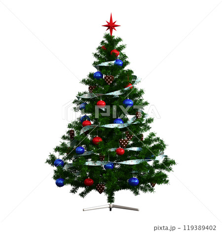 Christmas tree with decorations, isolated on white background, 3D illustration, cg render 119389402