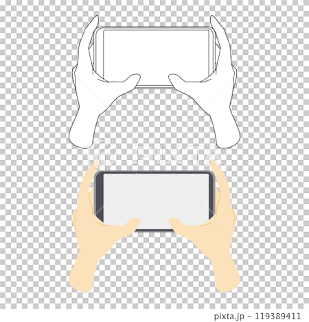 Set of color and line illustrations of hands operating a smartphone game screen 2 119389411